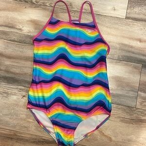 Speedo Girls XL Size 16 One Piece Rainbow Striped Swimsuit Swimming Uniform